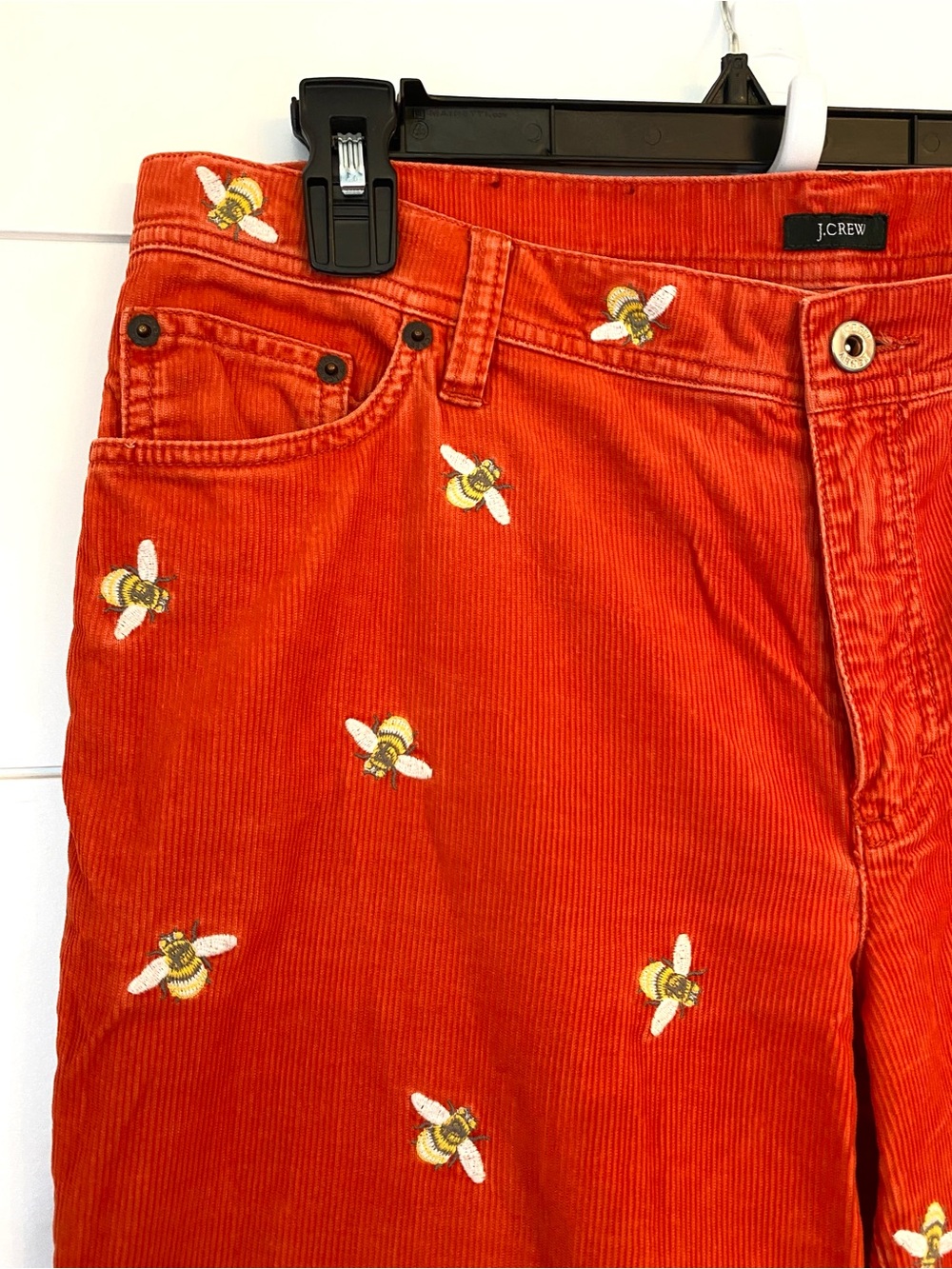 J. Crew Bright Orange Corduroy Pants with bumblebee embroidery. Size 12. - Picture 4 of 9